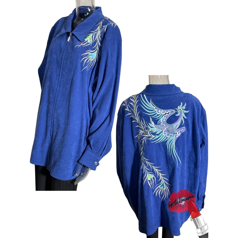 Bob Mackie Jacket Womens Plus 3x Blue Peacock Wearable Art Zip Up Cottage Core